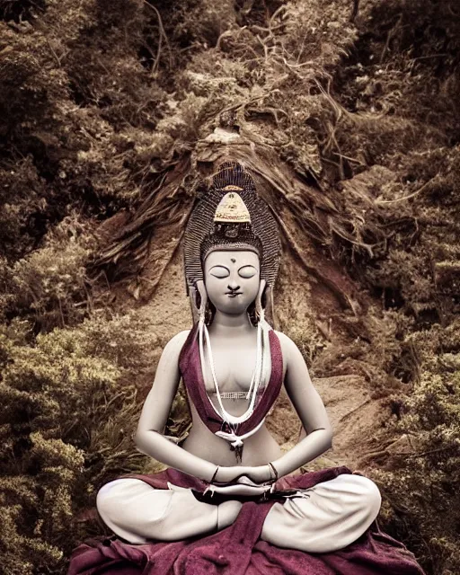 Prompt: contented peaceful female bodhisattva!!, praying meditating, in scenic environment, portrait photograph by peter coulson