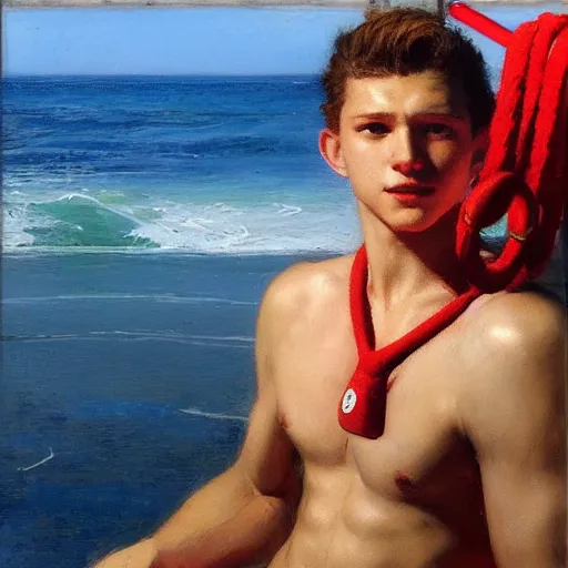 Prompt: “ tom holland as a lifeguard wearing red swimtrunks, whistle hanging from his neck, beach, sunshine painting by gaston bussiere, craig mullins, j. c. leyendecker, tom of finland ”