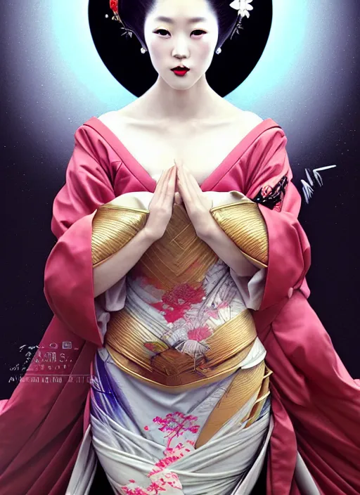 Image similar to Japanese geisha, glamorous moon, seductive eyes and face, elegant, lascivious pose, very detailed face, studio lighting, photorealism, wearing futuristic armor , portrait by Magali Villeneuve and Steve Argyle,Livia Prima,Mucha,dress,fantasy art,beautiful,artstation,trending on artstation,intricate details,alluring,masterpiece