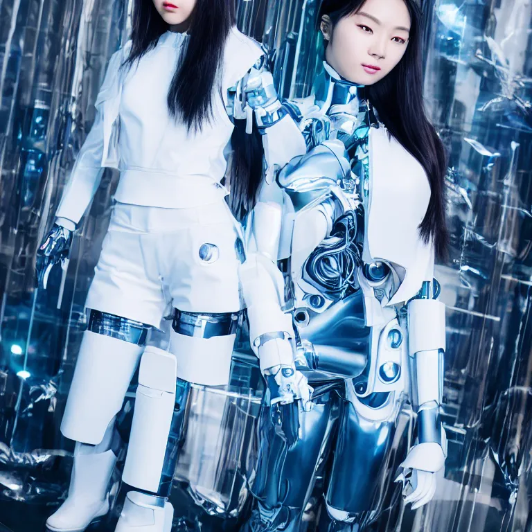 Image similar to high quality photograph of a futuristic asian cyborg girl, fashionable white outfit, blue skin, neotenous, kpop idol apperance, 4 k, portra 4 0 0, 3 5 mm, award winning photography