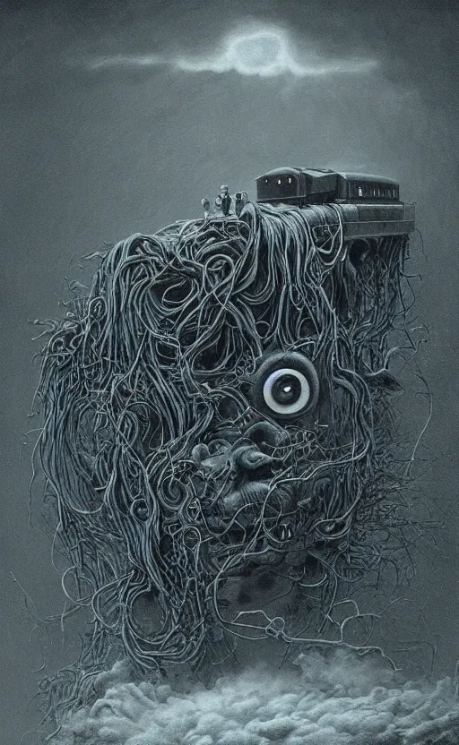 Image similar to thomas the tank engine in style of zdzisław beksinski, extremely dramatic lighting, 8 k, tendrils, black, darkness, black slime tendrils, infected, rust, body horror, thomas the train, thomas the tank engine face, horror,