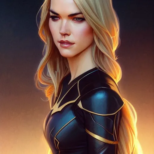 Image similar to Odette Annable with blonde hair as Bat Girl, western, D&D, fantasy, intricate, elegant, highly detailed, digital painting, artstation, concept art, matte, sharp focus, illustration, art by Artgerm and Greg Rutkowski and Alphonse Mucha