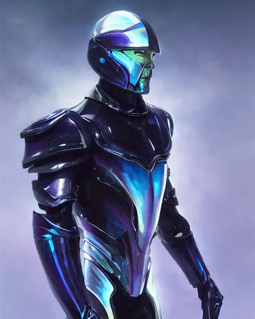 Prompt: character concept of iridescent sinewy smooth muscular male sleek glossy indigo black pearlescent scifi armor with smooth black featureless helmet, by greg rutkowski, mark brookes, jim burns, tom bagshaw, magali villeneuve, trending on artstation