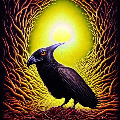 Prompt: artistic drawing of a surreal crow, made of engrenage by andrew ferez and johfra bosschart, visionary, detailed, realistic, surreality
