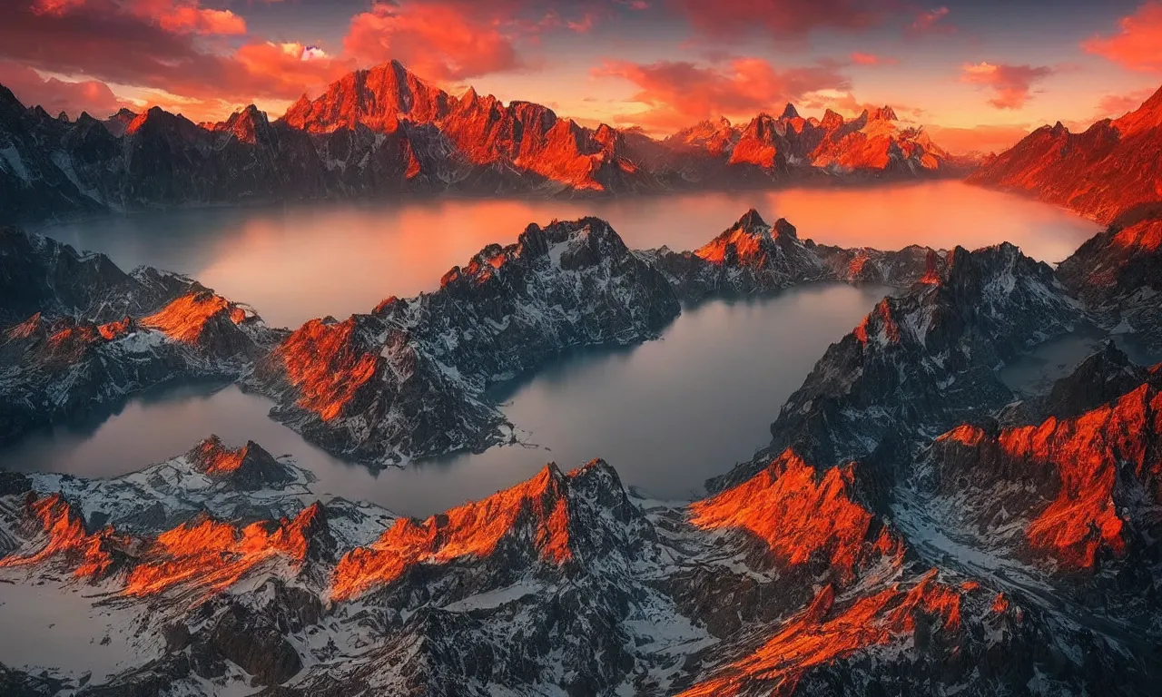 Image similar to amazing landscape photo of mountains with lake in sunset by marc adamus, beautiful dramatic lighting