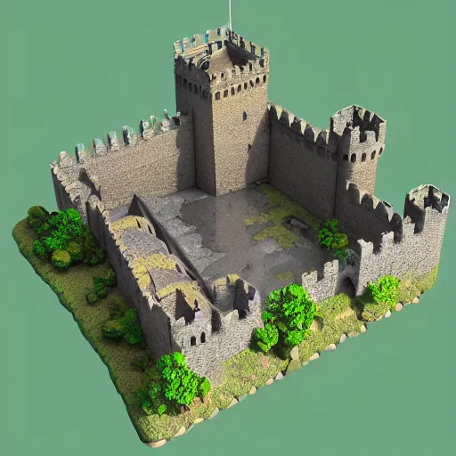 Image similar to medieval castle in a jungle, 3 d, isometric, low poly, courtyard