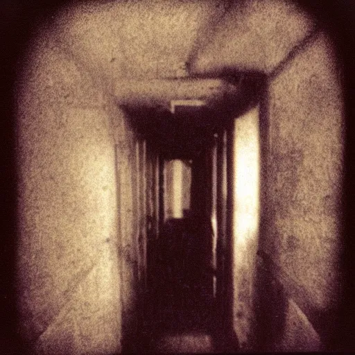 Image similar to a terrifying fungus monster at the end of a hallway, dark!, creepy, nightmare fuel!!!, horror, horrifying, unsettling, uncanny valley!, old polaroid, expired film,