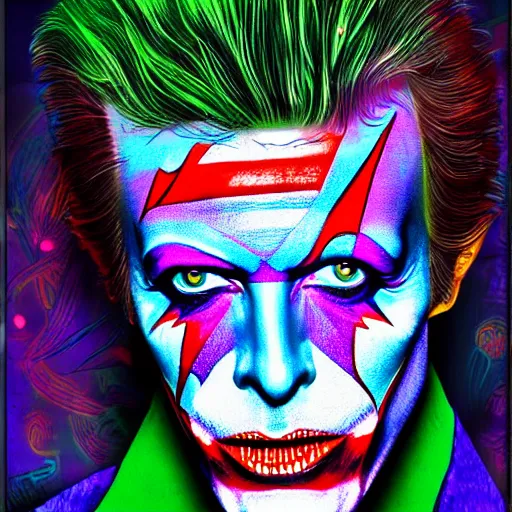 Image similar to an extremely psychedelic portrait of david bowie as the joker, surreal, lsd, face, detailed, intricate, elegant, lithe, highly detailed, digital oth, sharp focus, illustration,