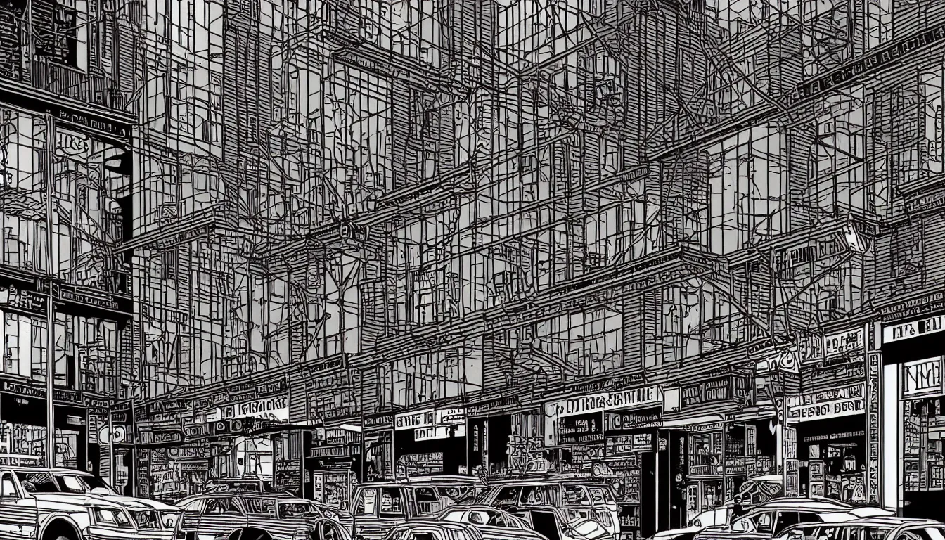 Image similar to new york shops by dan mumford and peter doig and edward hopper, symmetrical, minimal, black ink, thick lines highly detailed, muted colours 8 k