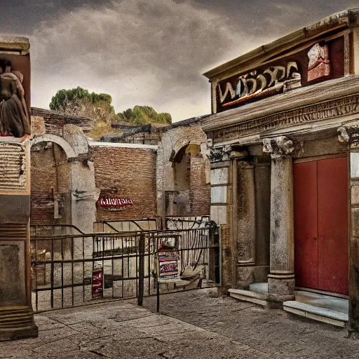 Image similar to Photograph of an ancient Roman McDonalds, wideshot,longshot,fullshot.