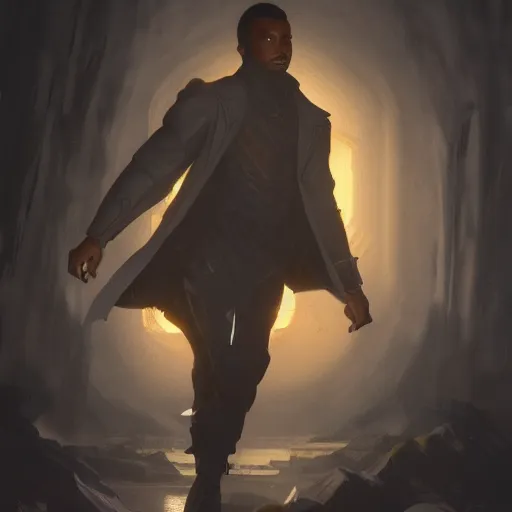 Image similar to a photorealistic dramatic fantasy render of a fit lightskinned black man wearing coat, artgerm, greg rutkowski, alphonse mucha, beautiful dynamic dramatic dark moody lighting, shadows, cinematic atmosphere, artstation, concept design art, octane render, 8 k