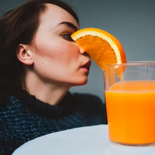Prompt: a person bathing in orange juice, portrait photograph