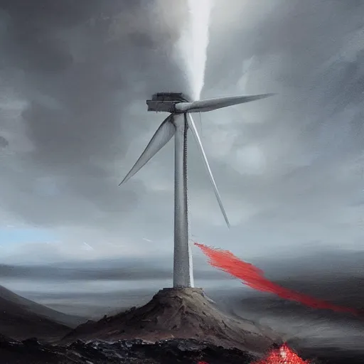 Prompt: still life painting of a wind-turbine getting hit by a volcano, by Greg Rutkowski, iceland landscape, dramatic lighting, epic, gargantuan, intricate detail, trending on artstation