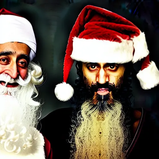 Prompt: uhd candid photo of bin laden and santa claus on skid row, making a dirty bomb. correct faces, studio lighting, intricate details, hyperdetailed, accurate faces. photo by annie leibowitz