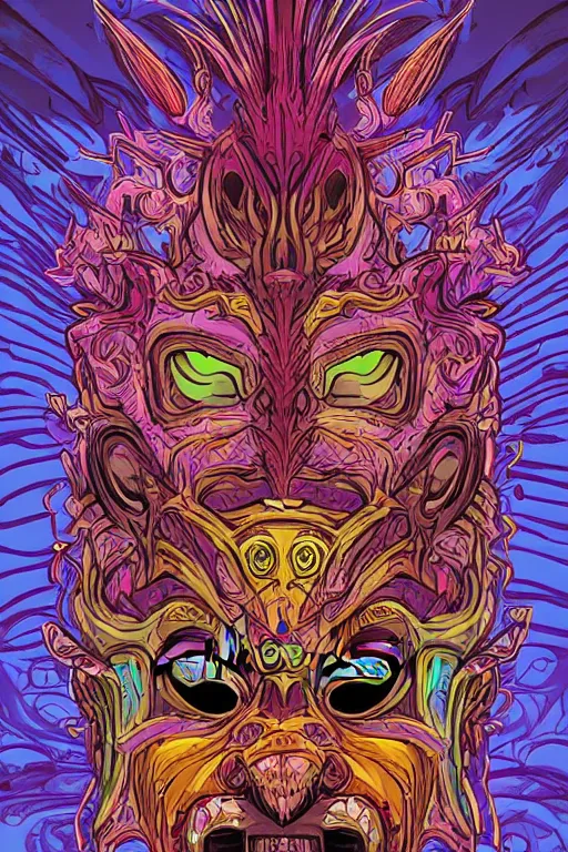 Image similar to animal mask totem roots tribal feather gemstone plant wood rock shaman vodoo video game vector illustration vivid multicolor borderlands comics by josan gonzales and dan mumford radiating a glowing aura