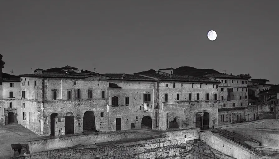 Prompt: italy historical sites at night with moon, by hasui kawase, silent, loneliness, cinematic composition