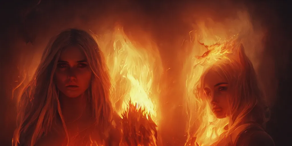 Image similar to evil pretty blond girl demon spawn surrounded by fire tornadoes, flawless symmetrical pretty cute face, ana de armas, hetrochromia, greg rutkowski, 8 k, shallow depth of field, intricate detail, concept art,