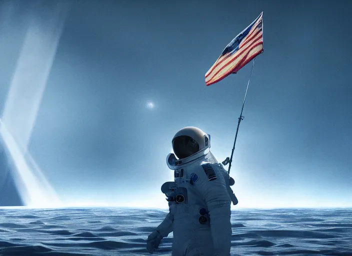 Image similar to astronaut holding a flag in an underwater desert. a submarine is visible in the distance. dark, concept art, cinematic, dramatic, atmospheric, 8 k, trending on artstation, blue, fish, low visibility, light rays, extremely coherent, bubbles, fog, ocean floor, christopher nolan, interstellar