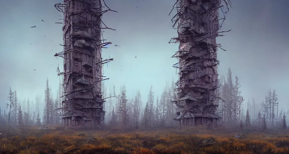 Image similar to Derelict Radio Tower in a pine forest landscape, rendered by zdzisław beksiński, simon stålenhag, Beeple, environment concept, digital art, starwars, unreal engine, 3 point perspective, WLOP, trending on artstation, low level, 4K UHD image, octane render,