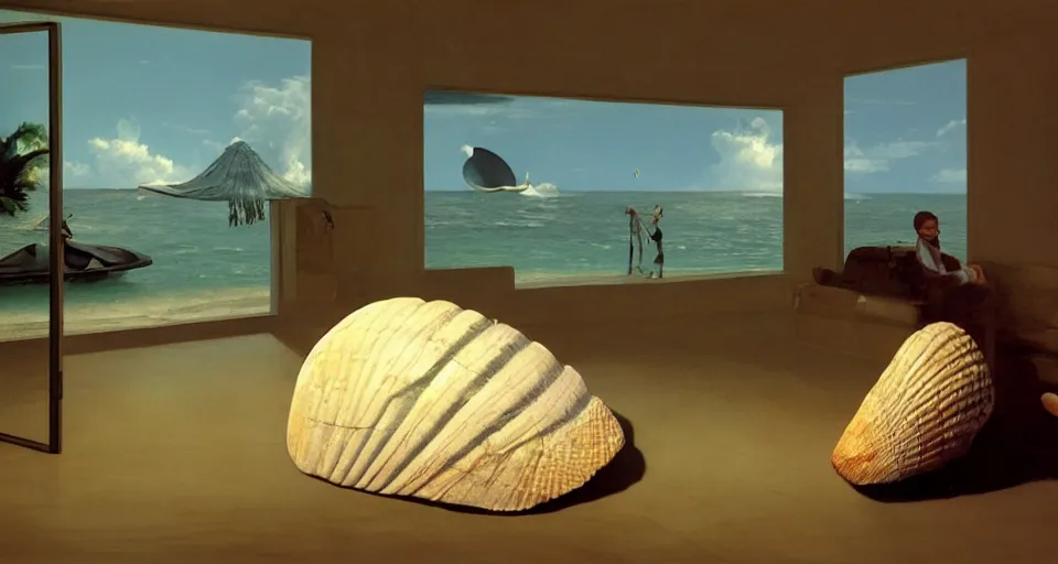 Image similar to a giant seashell with a doorhole, cinematography by syd mead, gregory crewdson