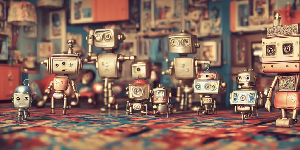 Image similar to closeup portrait of tin toy retro living room of robot family, depth of field, zeiss lens, detailed, centered, fashion photoshoot, by nicoletta ceccoli, mark ryden, lostfish, breathtaking, 8 k resolution, extremely detailed, beautiful, establishing shot, artistic, hyperrealistic, octane render, - h 8 0 4