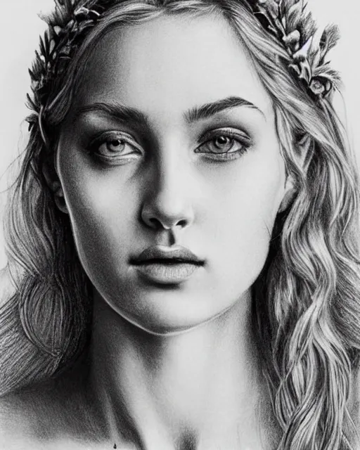 Image similar to pencil drawing of a beautiful greek goddess aphrodite wearing a laurel wreath and arrowhead earrings, beautiful confident and piercing eyes, beautiful blonde hair, hyper realistic face, in the style of greg rutkowski, fantasy, amazing detail, epic, elegant, smooth, sharp focus, from the front