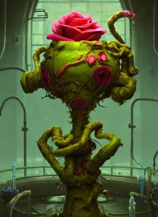 Image similar to anthropomorphic rose in a toxic waste lab, naturel, hyper detailed, digital art, trending in artstation, cinematic lighting, studio quality, smooth render, unreal engine 5 rendered, octane rendered, art style by klimt and nixeu and ian sprigger and wlop and krenz cushart.