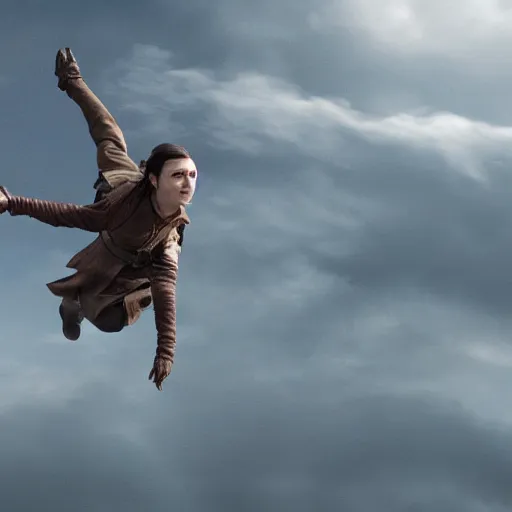 Prompt: arya stark flying through the sky