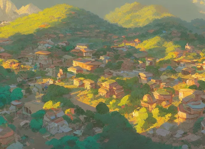 Prompt: concept art painting of a small village in a valley seen from above, european japanese buildings, early morning, cel shaded, detailed, realistic, by makoto shinkai and moebius and anton fadeev and james gurney