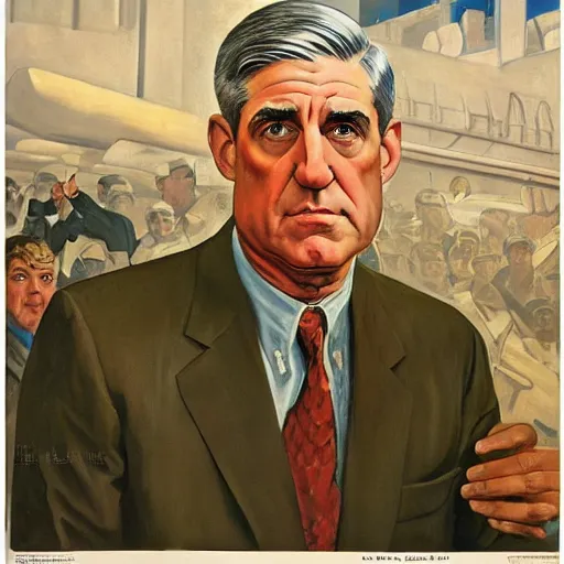 Image similar to socialist realist painting of robert mueller!!! standing with folded arms, czech movie poster by j. c. leyendecker and diego rivera