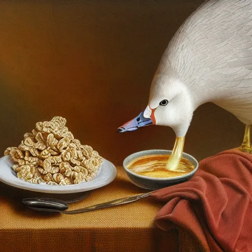 Image similar to a goose eating cereal oil on canvas, intricate, portrait, 8k highly professionally detailed, HDR, CGsociety