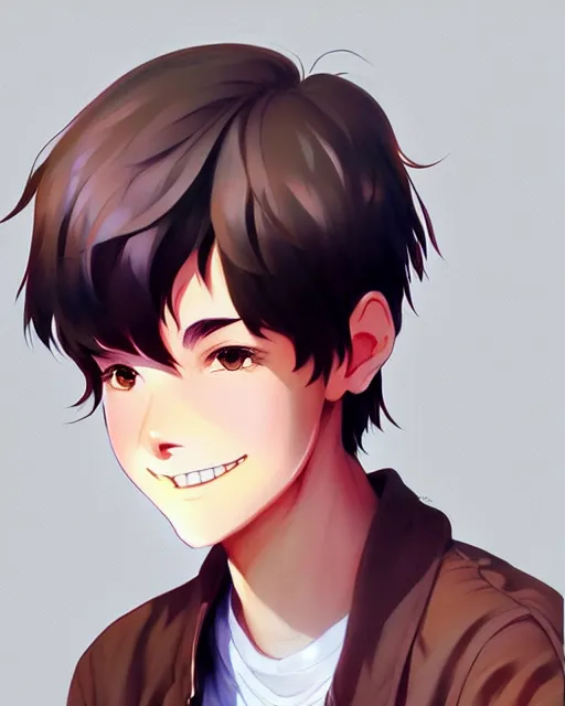 Image similar to teen boy with short chopped brown hair, bangs, unibrow, nerdy smile, portrait shinkai makoto studio ghibli studio key hideaki anno sakimichan stanley artgerm lau rossdraws james jean marc simonetti elegant highly detailed digital painting artstation pixiv