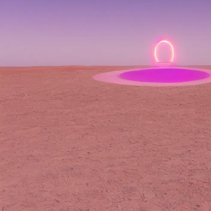 Image similar to a luminous pink and purple colored circular stargate in the dessert through which an ocean is visible