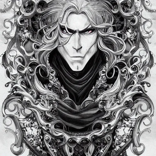 Image similar to a man grinning, baroque style, elegant, beautiful, mesmerizing, concept art, fancy clothing, highly detailed, artstation, behance, deviantart, inspired by innocent manga, inspired by castlevania concept art, trending, ayami kojima, shinichi sakamoto