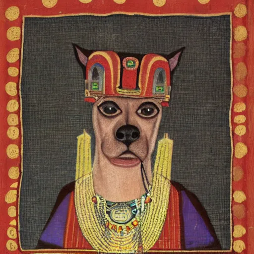 Image similar to portrait of a peruvian hairless dog as incan emperor, incan painting 1 3 0 0