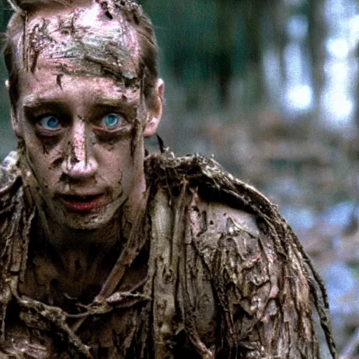 Image similar to cinematic still of macaulay culkin, covered in mud and watching a predator in a swamp in 1 9 8 7 movie predator, hd, 4 k