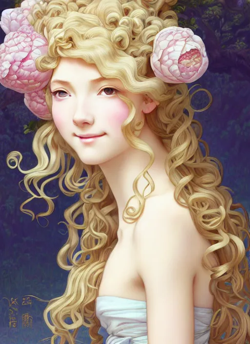 Image similar to young blond girl, goddess of pearls and peonies, with long curly, hazelnut hair, perfectly proportioned face, brown eyes, sweet smile, strong jawline,, natural lighting, path traced, highly detailed, high quality, cartoon, digital painting, by new haicheng and studio ghibli and alphonse mucha