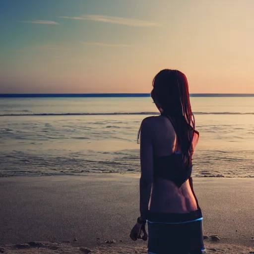 Prompt: an anime girl standing on a beach, with her eyes on the dusk, natural lighting, hyperdetailed photograph, 4 k