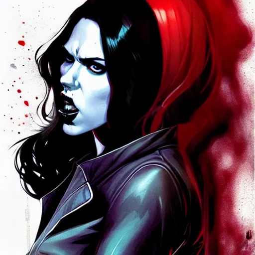 Image similar to rafael albuquerque comic art, peter mohrbacher, steve niles, artgerm, pretty scarlett johansson vampire sharp vampire teeth open mouth, symmetrical eyes, black leather jacket, jeans, long blonde hair