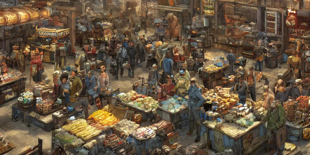 Prompt: a busy marketplace full of merchants, fallout style,, digital art, 4 k,