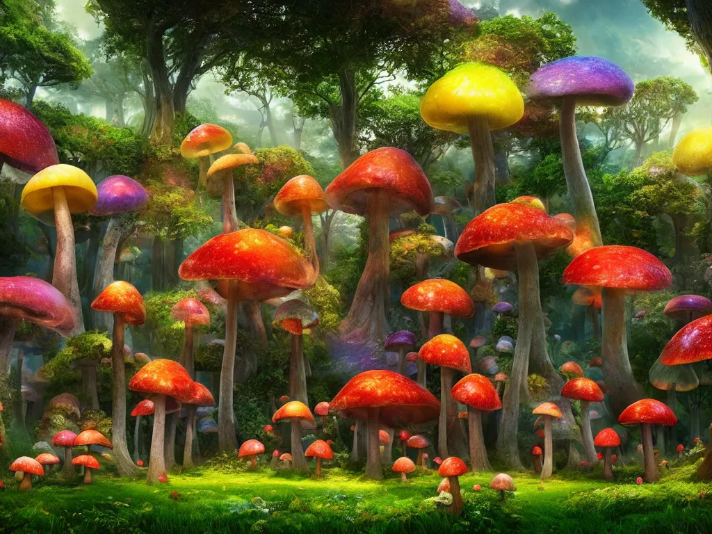 Image similar to a beautiful otherworldly fantasy landscape of giant luminous mushroom trees forming canopies over bright colorful mythical sprouted floral plants and colorful foliage on the ground, like alice in wonderland, extreme detail, rendering, cryengine, deep color, vray render, cinema 4 d, cgsociety, bioluminescent