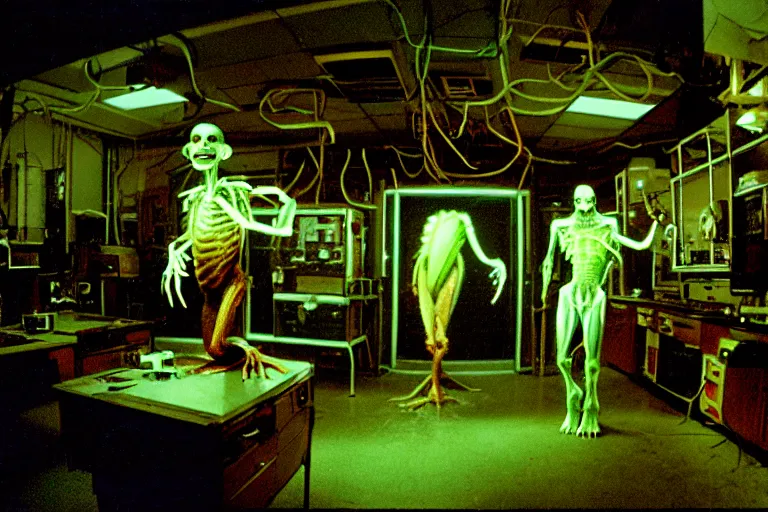 Image similar to a scary filmic wide shot color ground level angle movie still 35mm film photograph of the full body of a dangerous shape shifting alien creature, with multiple mutated snarling drooling human faces with a grotesque variety of human and animal limbs protruding from its lower torso inside of a 1970s science lab, neon lights, dirty, ektachrome photograph, volumetric lighting, f8 aperture, cinematic Eastman 5384 film