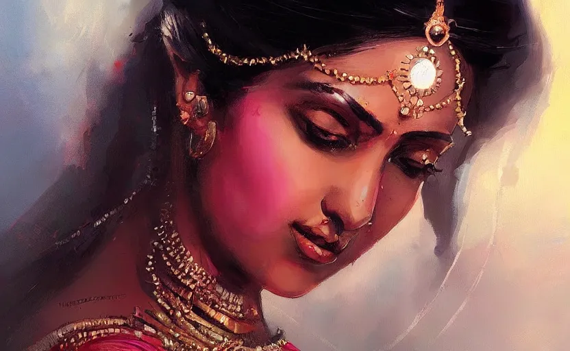 Image similar to a painting of a beautiful indian woman trending on artstation in the style of greg rutkowski