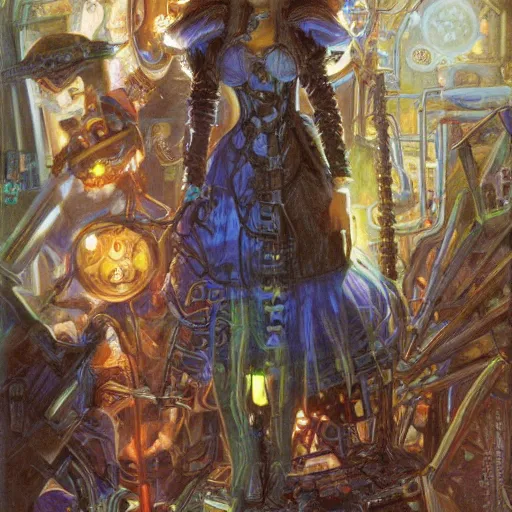 Image similar to portrait of a cyberpunk alice in wonderland, by donato giancola.