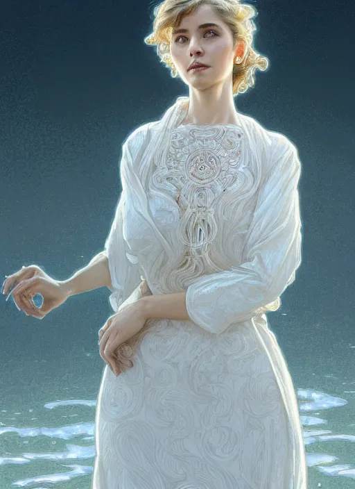 Prompt: full body portrait of a woman posing, short wavy hair, round face, intricate white dress, cottagecore!!, inside water, intricate, enlightened, highly detailed, digital painting, artstation, concept art, smooth, sharp focus, illustration, art by artgerm and greg rutkowski and alphonse mucha