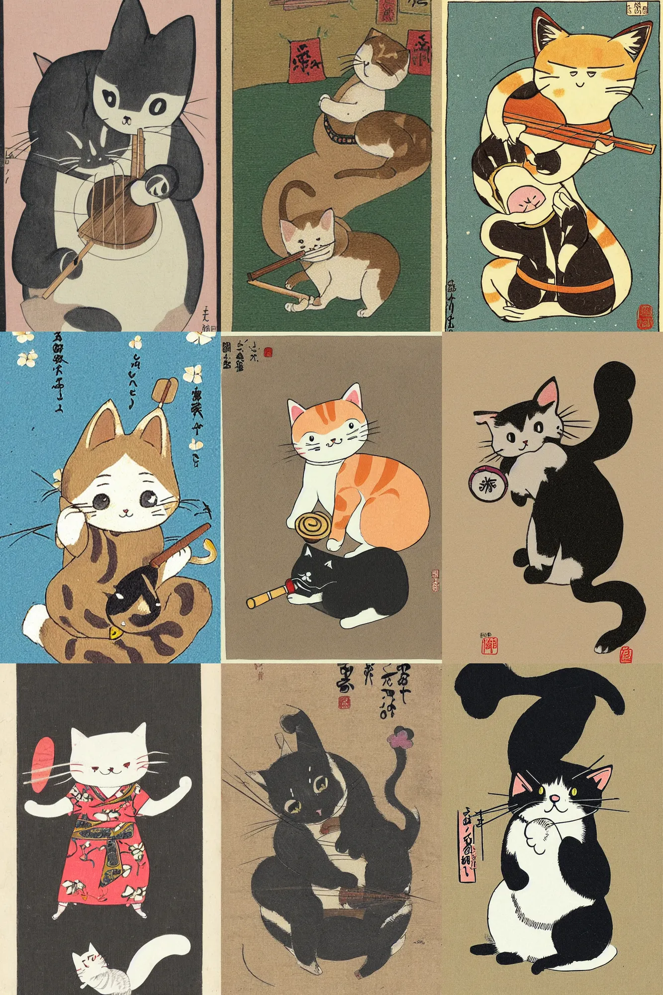 Image similar to Kawaii illustration of a cat playing gutair, japanese chibi