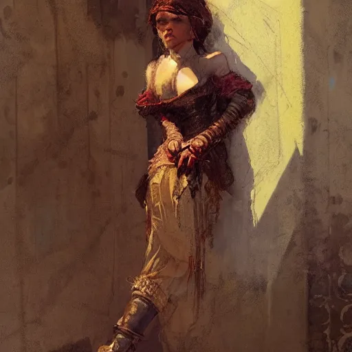 Prompt: a scrappy renaissance thief woman, looking around a corner, fantasy character portrait by gaston bussiere, craig mullins, greg rutkowski