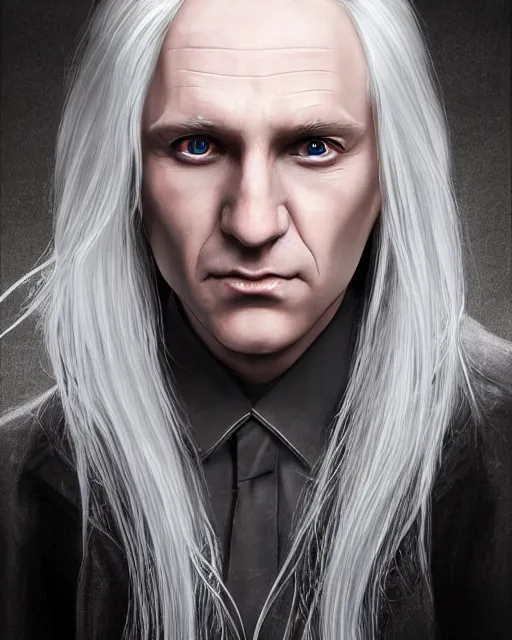 Image similar to portrait of 4 0 - year - old man with long white hair with a pale complexion, malfoy lucius, clear face, pointed face and grey eyes, hyper realistic face, beautiful eyes, character art, art by mark brooks, hyperdetailed, cryengine, trending on artstation, digital art