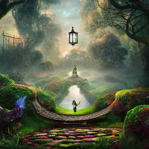 Prompt: photorealistic fantasy concept art of the world of Alice and wonderland landscape, dynamic lighting, magical, mysterious, hyperrealism