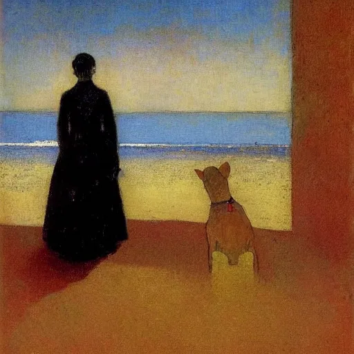 Image similar to a woman and her black and brown chihuahua looking out to sea by odilon redon